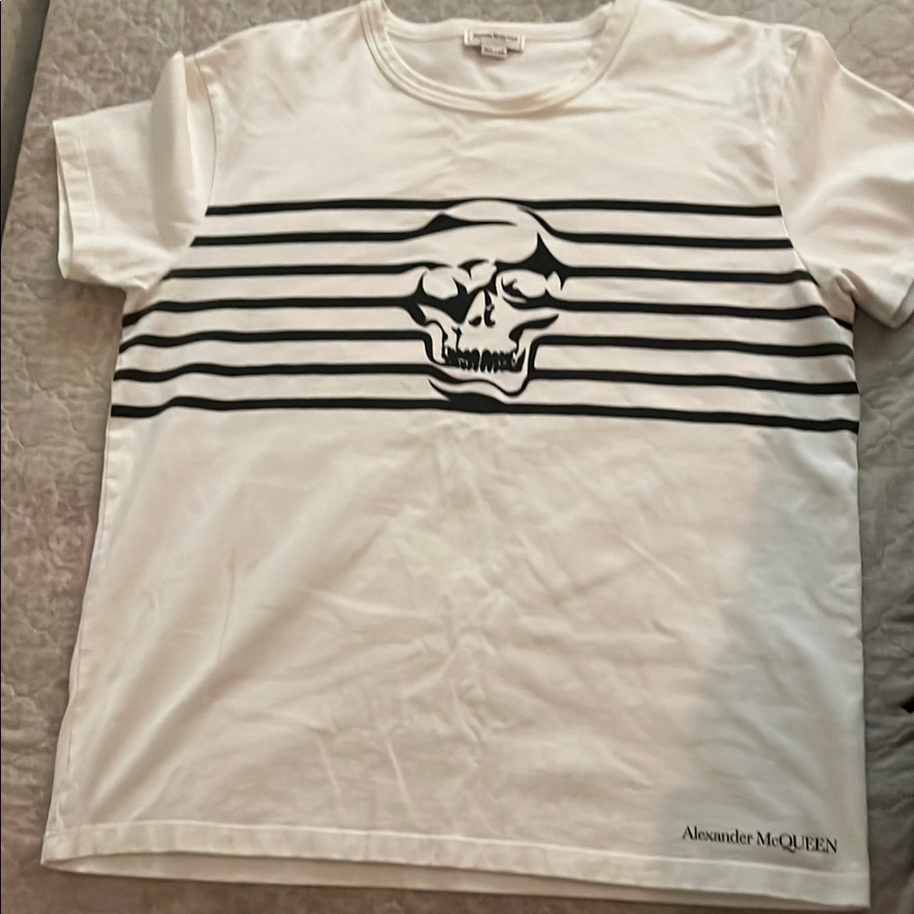 Alexander McQueen White Tee with Black Skull and Stripes